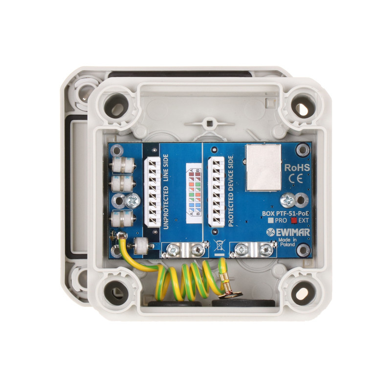 Zewnętrzne zabezpieczenie przeciwprzepięciowe IP serii EXTREME z ochroną PoE EWIMAR BOX-1-PTF-51-EXT/PoE Zewnętrzne zabezpieczenie przeciwprzepięciowe IP serii EXTREME z ochroną PoE EWIMAR BOX-1-PTF-51-EXT/PoE
