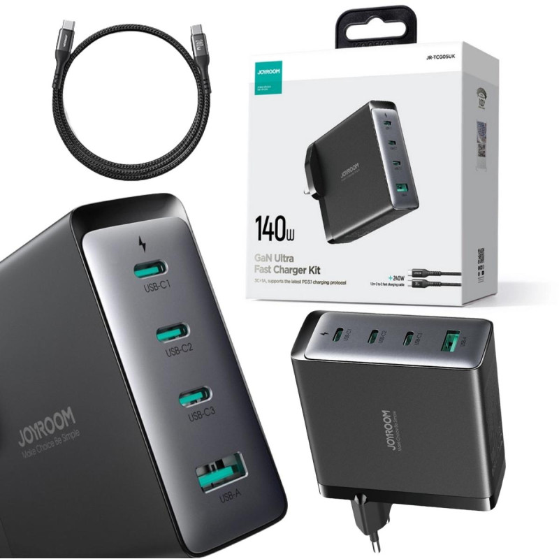 Ładowarka sieciowa Joyroom GaN Ultra JR-TCG05EU 140W PD 3.0 QC 3.0 3x USB-C 1x USB-A czarna + kabel Ładowarka sieciowa Joyroom GaN Ultra JR-TCG05EU 140W PD 3.0 QC 3.0 3x USB-C 1x USB-A czarna + kabel