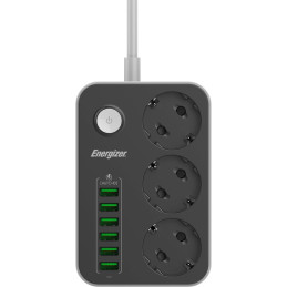 LISTWA ZASILAJĄCA Z WYŁĄCZNIKIEM Energizer 3x SCHUKO 6x USB-A 2500W 10A KABEL 2M