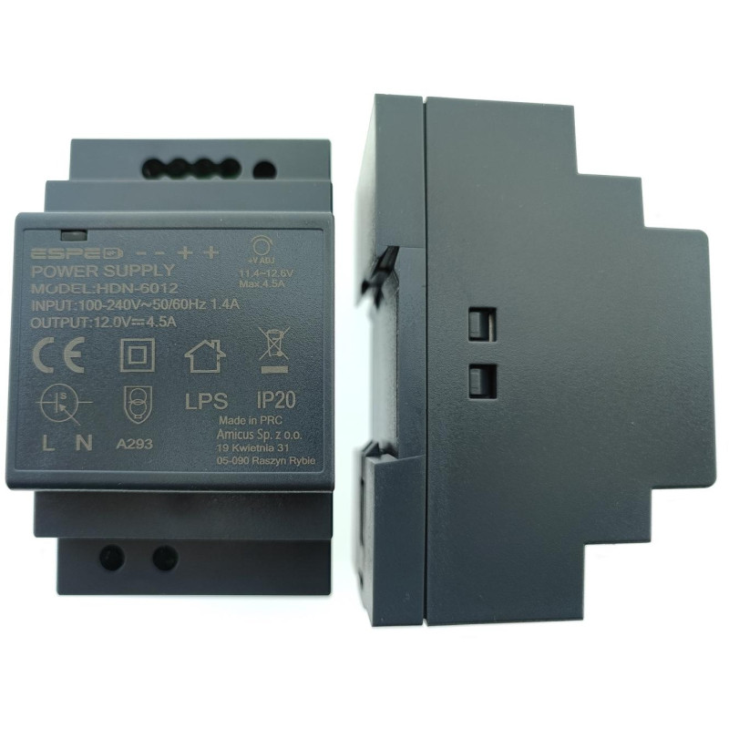 ZASILACZ IMPULSOWY NA SZYNĘ DIN ESPE HDN-6012 12V/54W/4.5A ZASILACZ IMPULSOWY NA SZYNĘ DIN ESPE HDN-6012 12V/54W/4.5A
