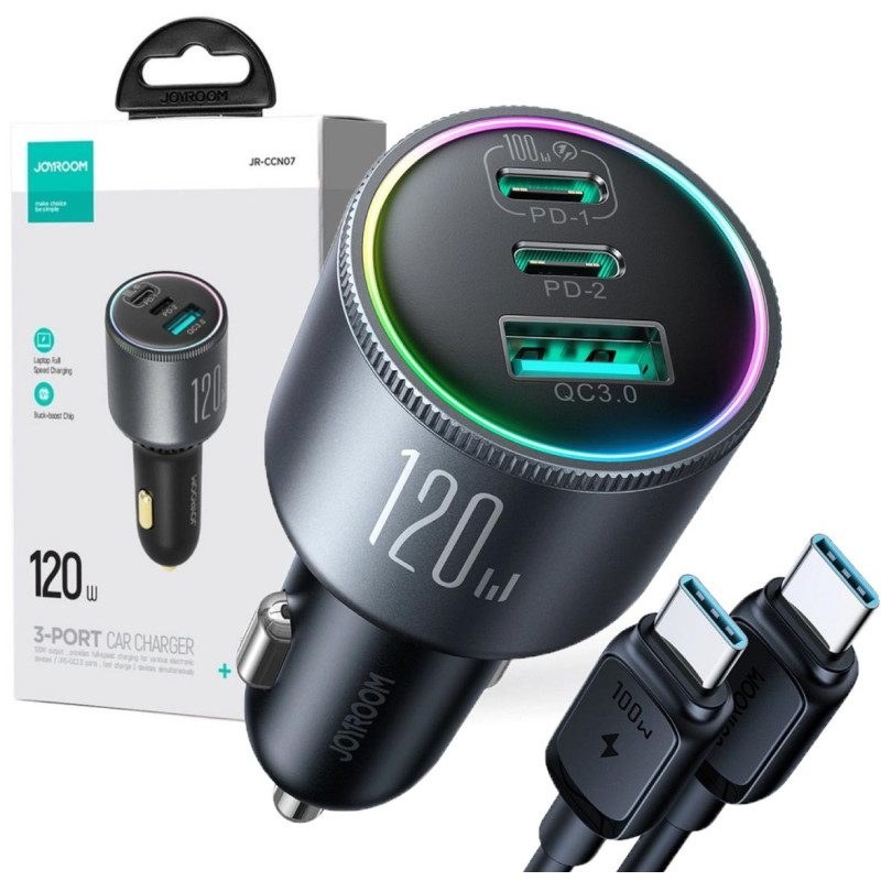 Ładowarka samochodowa Joyroom JR-CCN07 120W 5.0A PD 3.0 QC 3.0 1x USB-A 2x USB-C + kabel Ładowarka samochodowa Joyroom JR-CCN07 120W 5.0A PD 3.0 QC 3.0 1x USB-A 2x USB-C + kabel