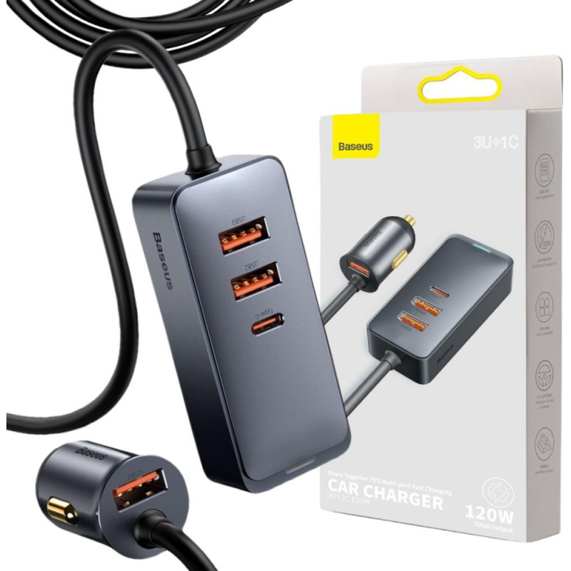 ŁADOWARKA SAMOCHODOWA NA PRZEWODZIE Baseus Share Together 120W 3A 3x USB-A 1x USB-C PD 20W QC 3.0 ŁADOWARKA SAMOCHODOWA NA PRZEWODZIE Baseus Share Together 120W 3A 3x USB-A 1x USB-C PD 20W QC 3.0