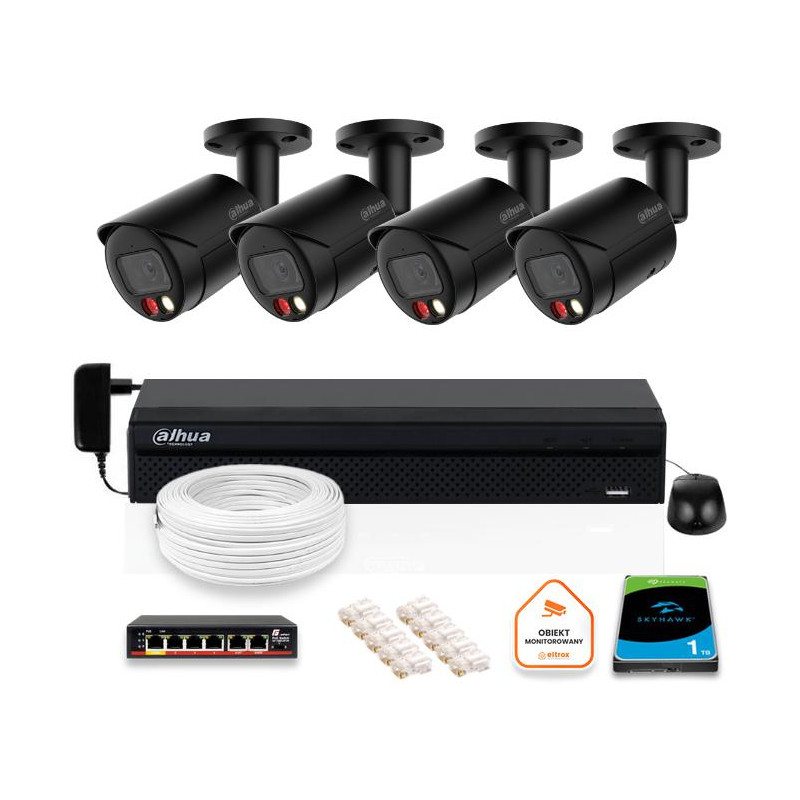 Zestaw monitoringu IP DAHUA 4x kamera IPC-HFW2849S-S-IL-0280B-BLACK 8MPX Zestaw monitoringu IP DAHUA 4x kamera IPC-HFW2849S-S-IL-0280B-BLACK 8MPX
