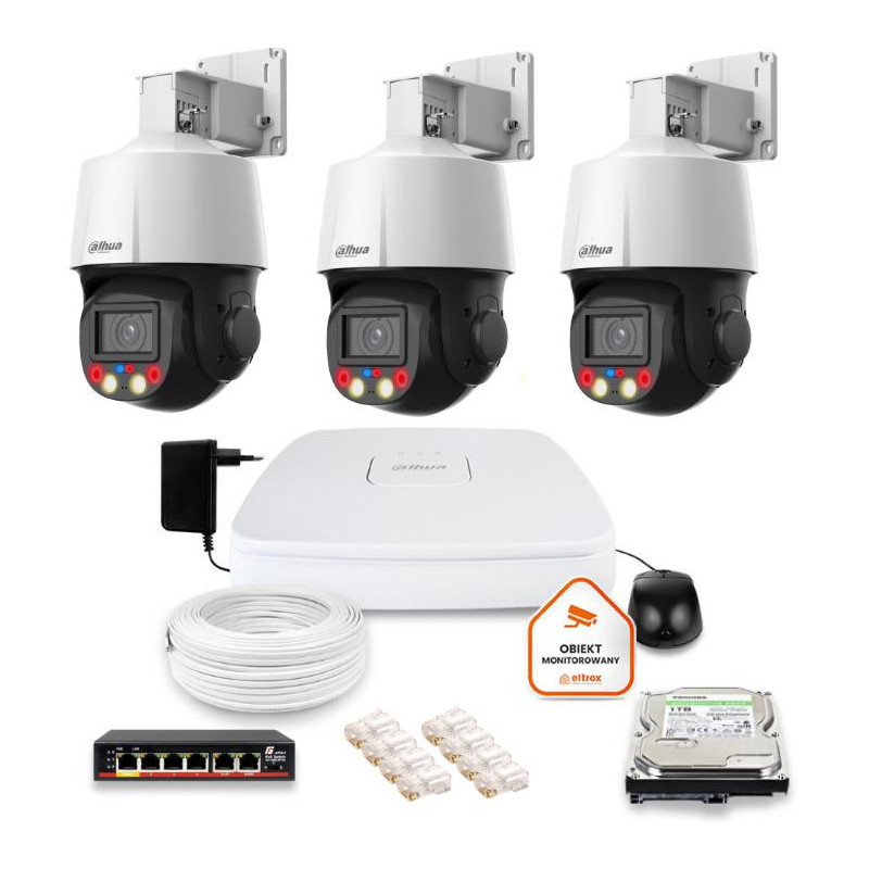 Zestaw monitoringu IP Dahua 3 kamery obrotowe 4MPx dysk 1TB Zestaw monitoringu IP Dahua 3 kamery obrotowe 4MPx dysk 1TB